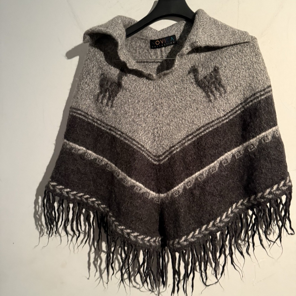 Novica Small Medium Poncho Western Alpaca Wool Boho Artisan Fringe Knit
